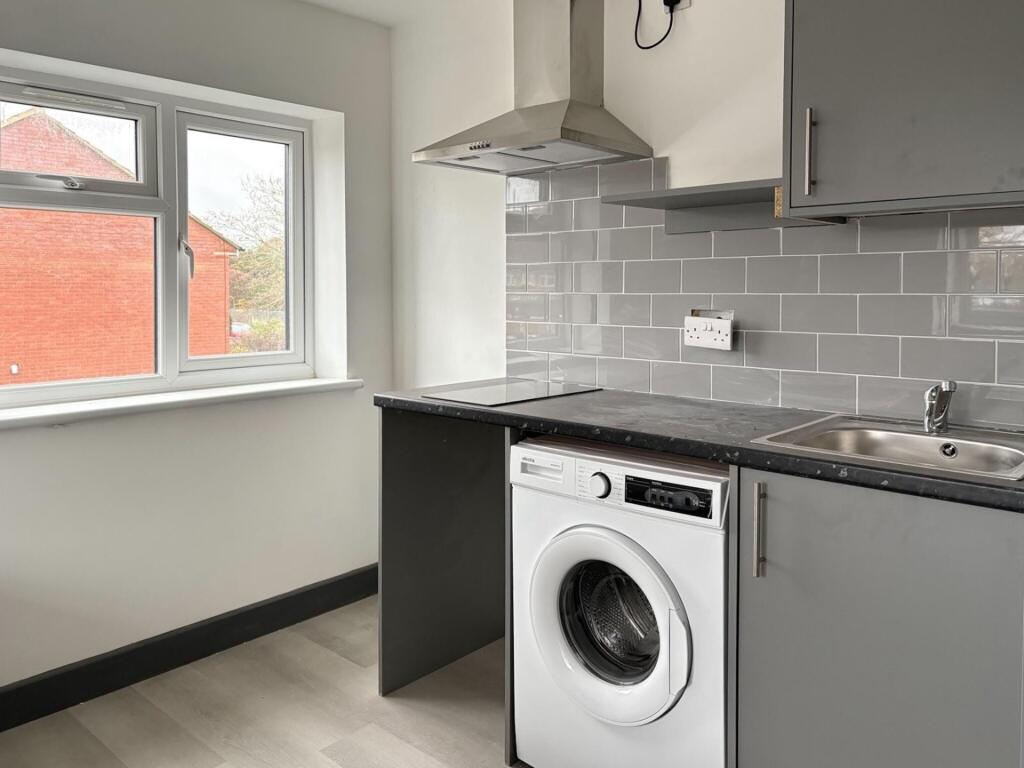 Modern compact kitchen with fitted grey cabinet...
