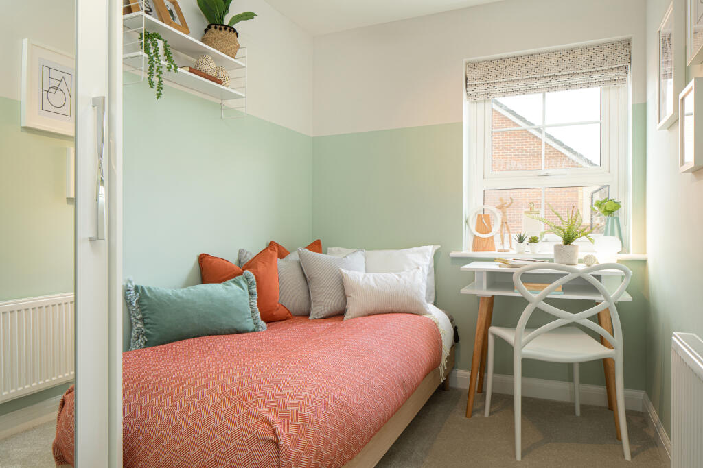 Inside view of bedroom 3 with single bed. Moresby. 3 bed home.