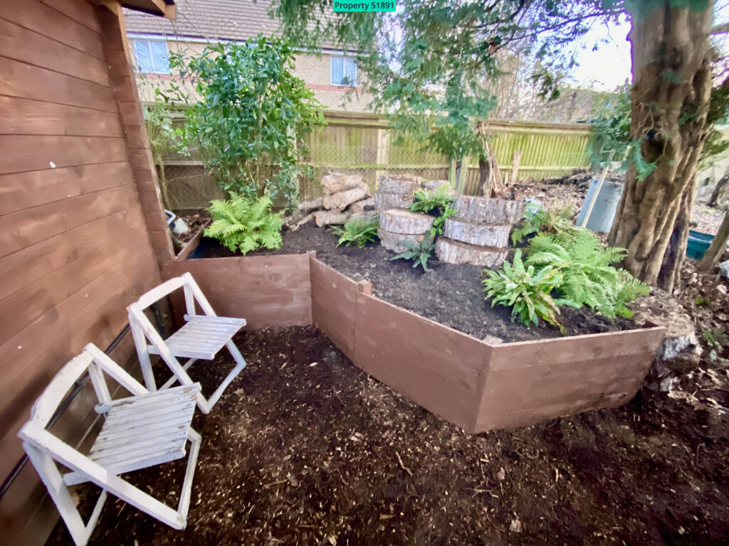 Raised shaded fern Garden to right of log cabin