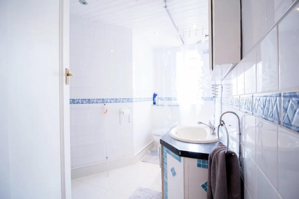 Bright and fresh bathroom with white and blue t...