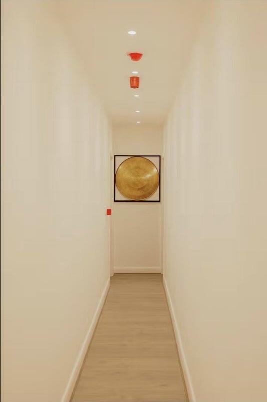 A clean and minimalist hallway with smooth wood...