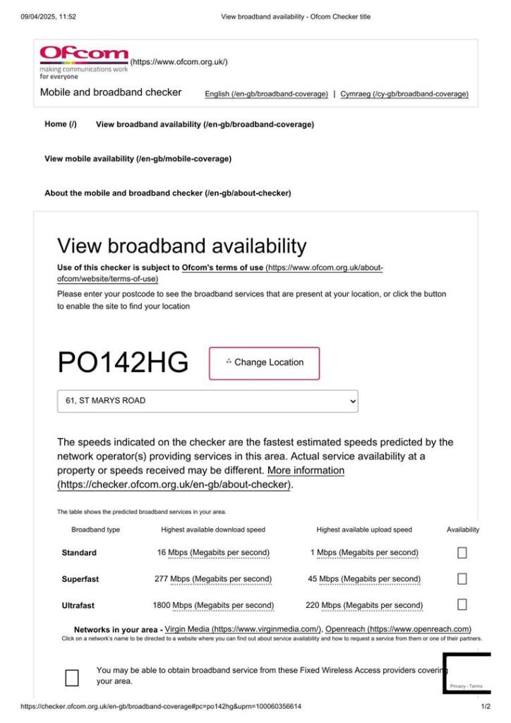 View broadband availability - Ofcom Checker title.