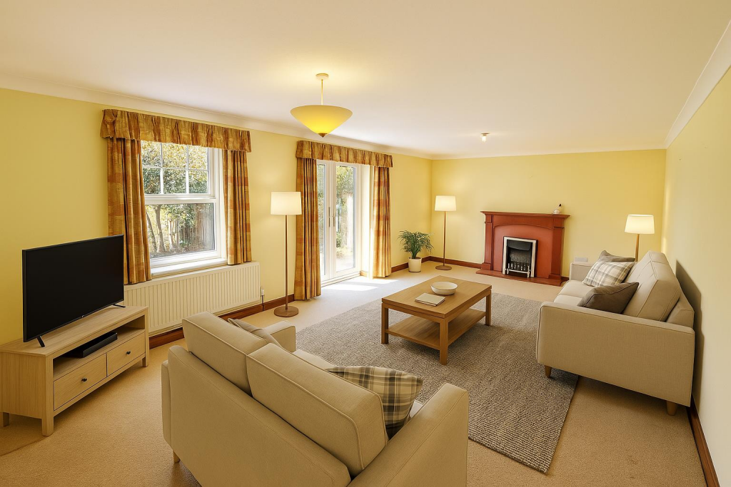 Virtually staged to show potential furniture layou