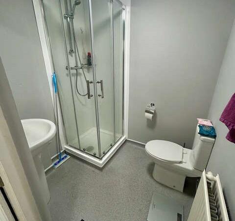 A modern bathroom featuring a glass-enclosed sh...