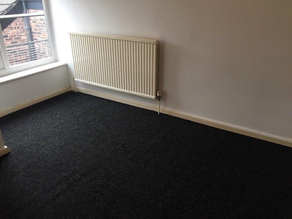 Bright, freshly painted bedroom with a large wi...
