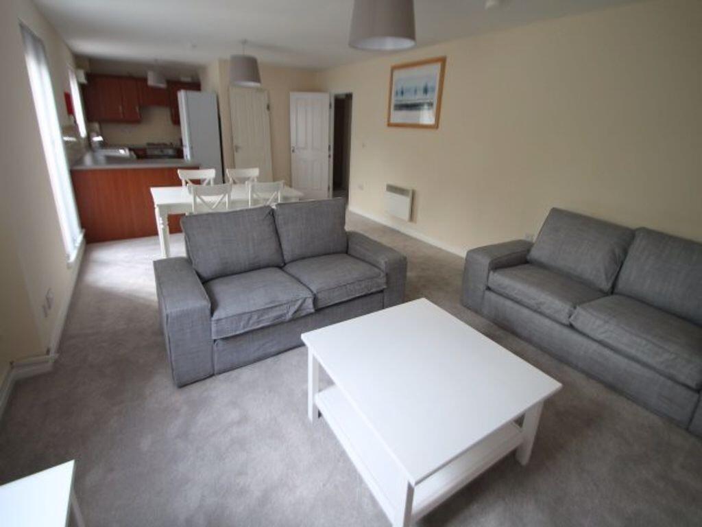 Bright, neutral open-plan living area with comf...