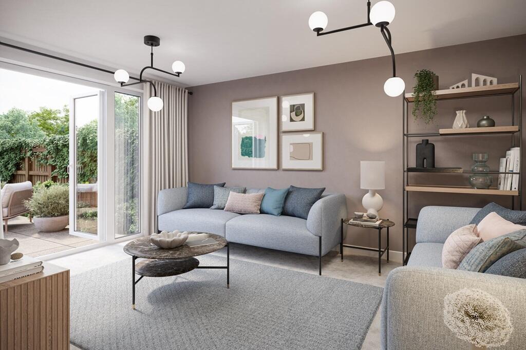 French doors flood the living room with light