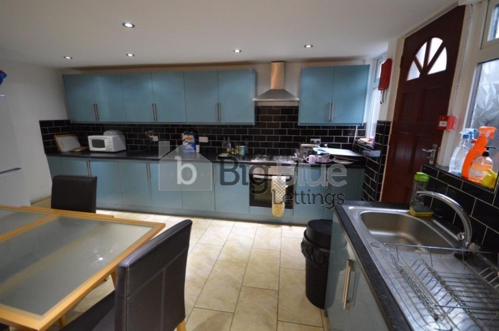 Bright and modern kitchen featuring light blue ...