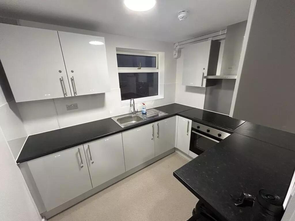 Modern U-shaped kitchen with sleek black counte...