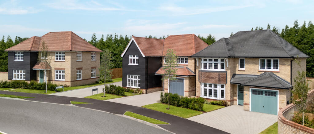 Redrow external street scene of detached homes with dark cladding at Greenways in Betteshanger