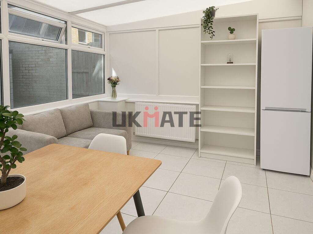 Bright and modern living room with large window...