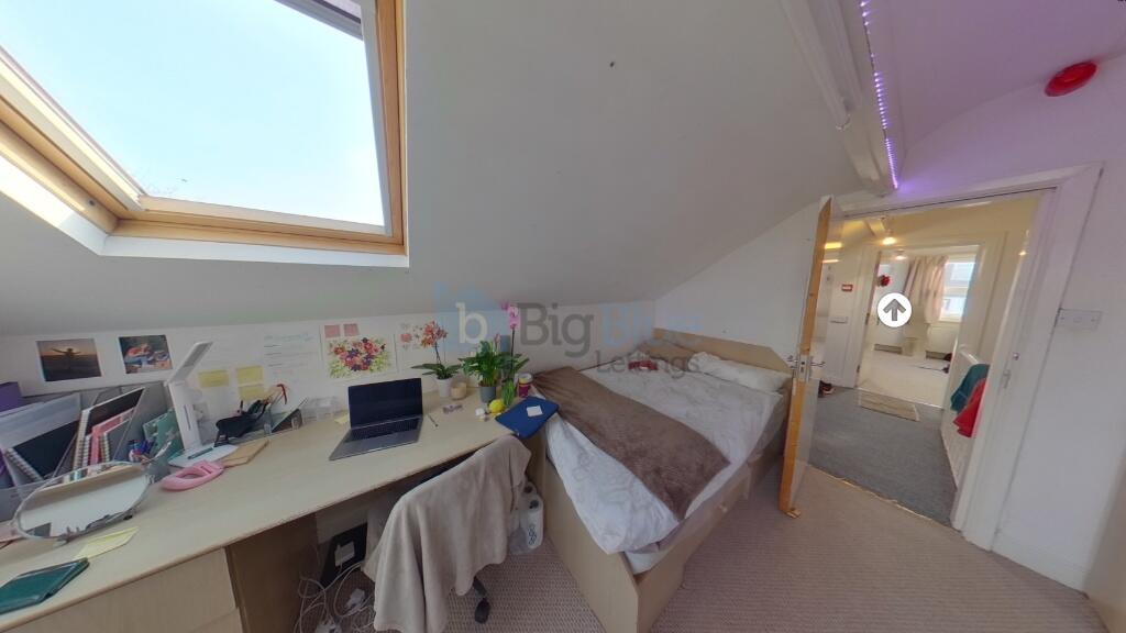 Bright and clean loft room with a skylight wind...