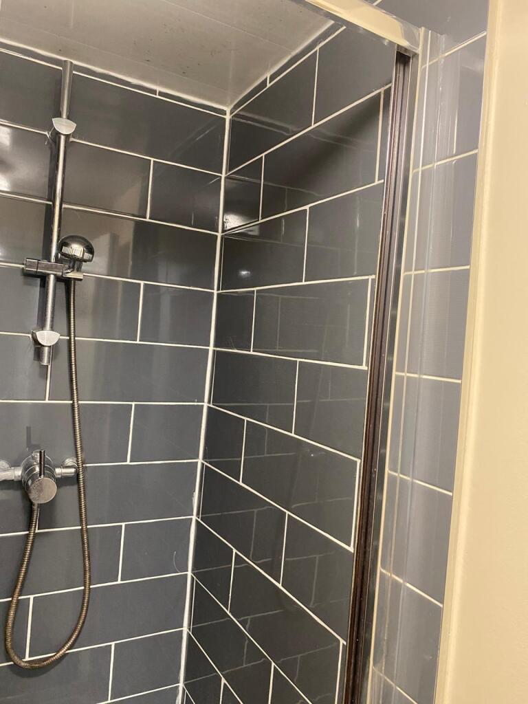 A sleek bathroom shower area featuring modern d...