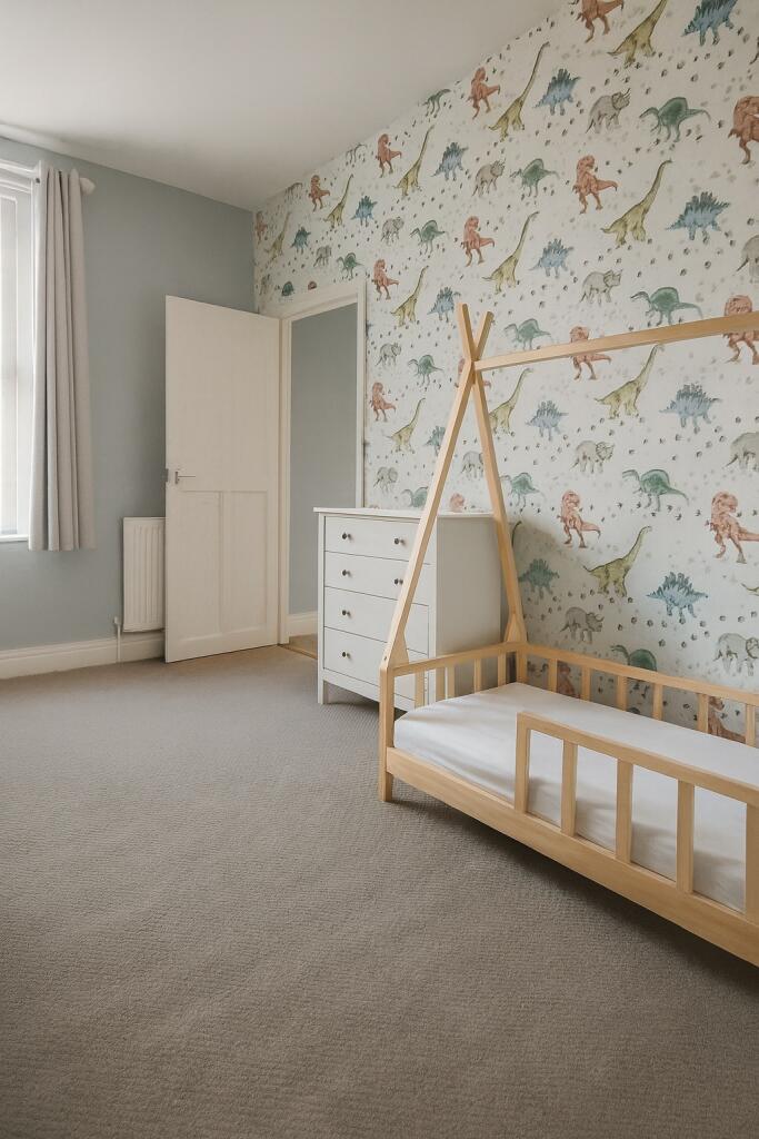 A bright and welcoming bedroom featuring a whim...