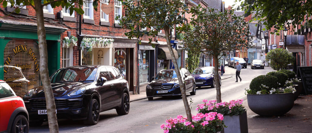 A quiet street scene with parked cars, flower planters, trees, and pedestrians walking past small sh
