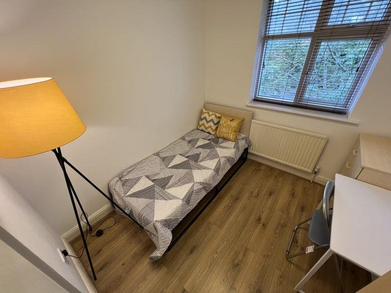 A neat and well-lit single bedroom featuring a ...