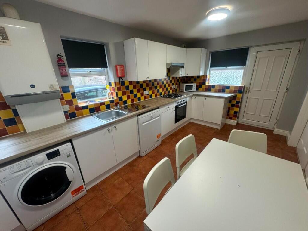 Spacious and modern kitchen featuring colorful ...