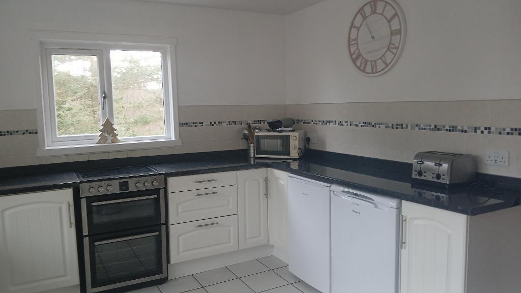 Kitchen with sink, cooker and microwave 
