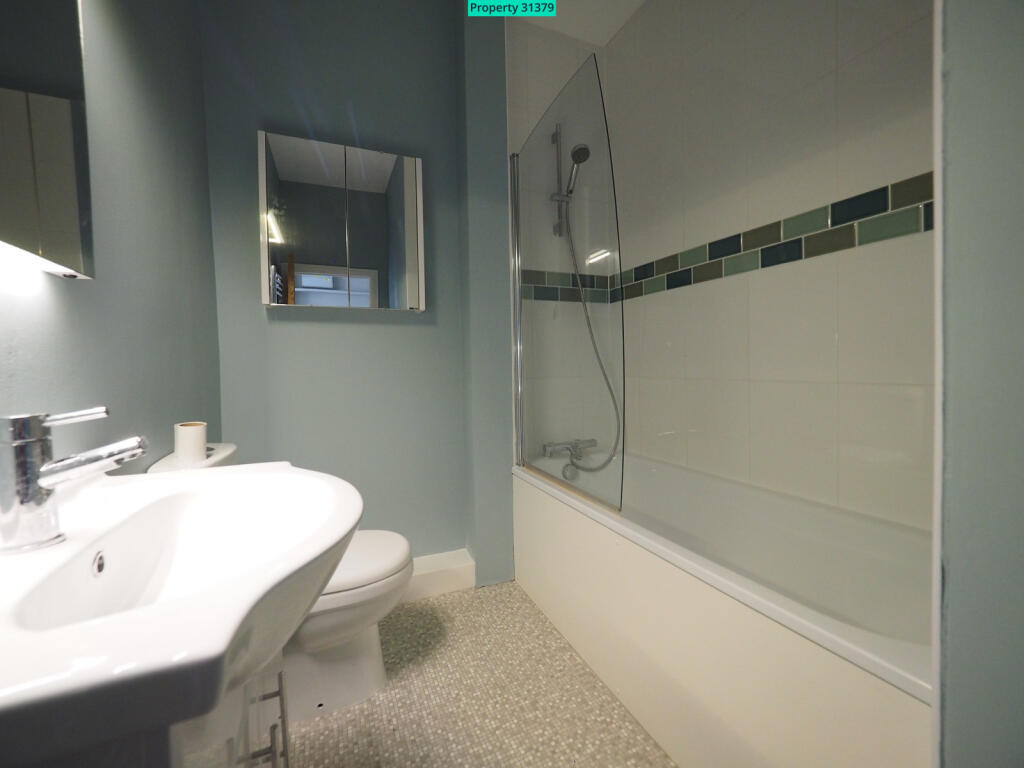 Bath with shower and storage cabinet