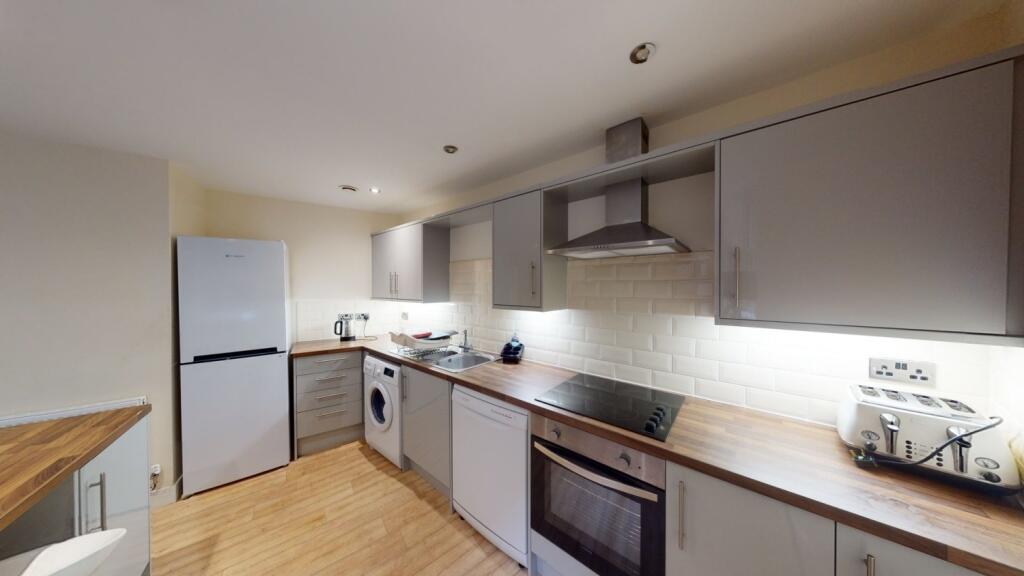 Modern kitchen featuring ample countertop space...