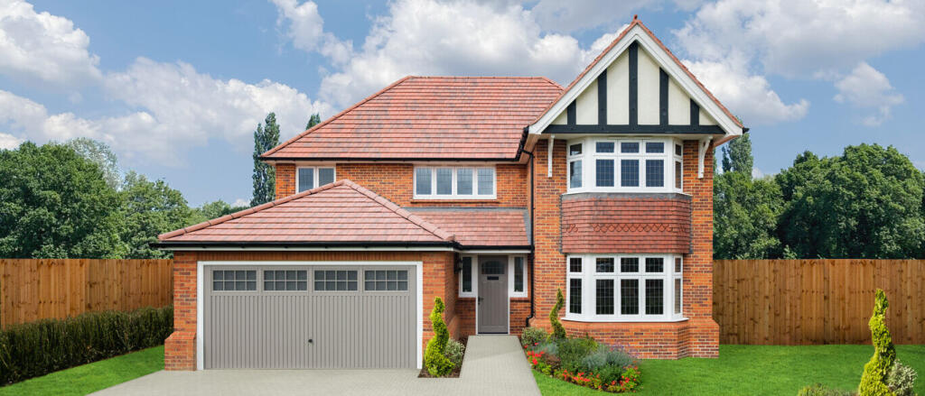 Modern detached house with a brick exterior, grey garage door, bay windows, a front porch, and a wel