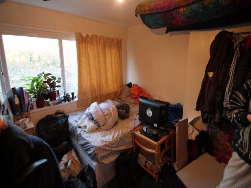 Cozy single bedroom featuring a large window wi...