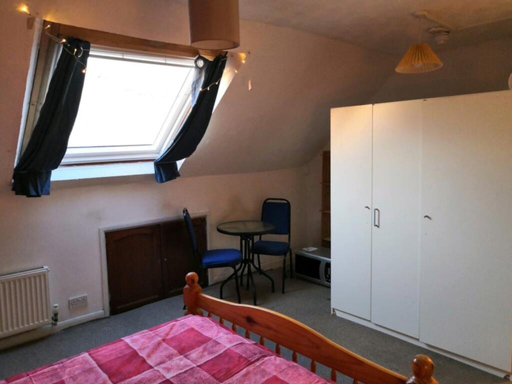 A cozy double bedroom with a skylight and basic...