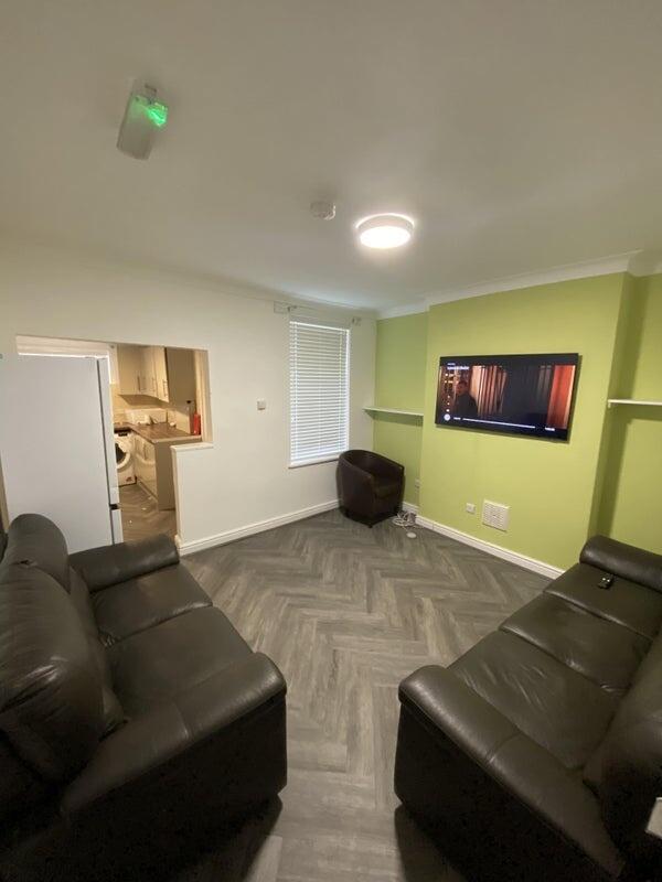 A contemporary living room featuring two comfor...