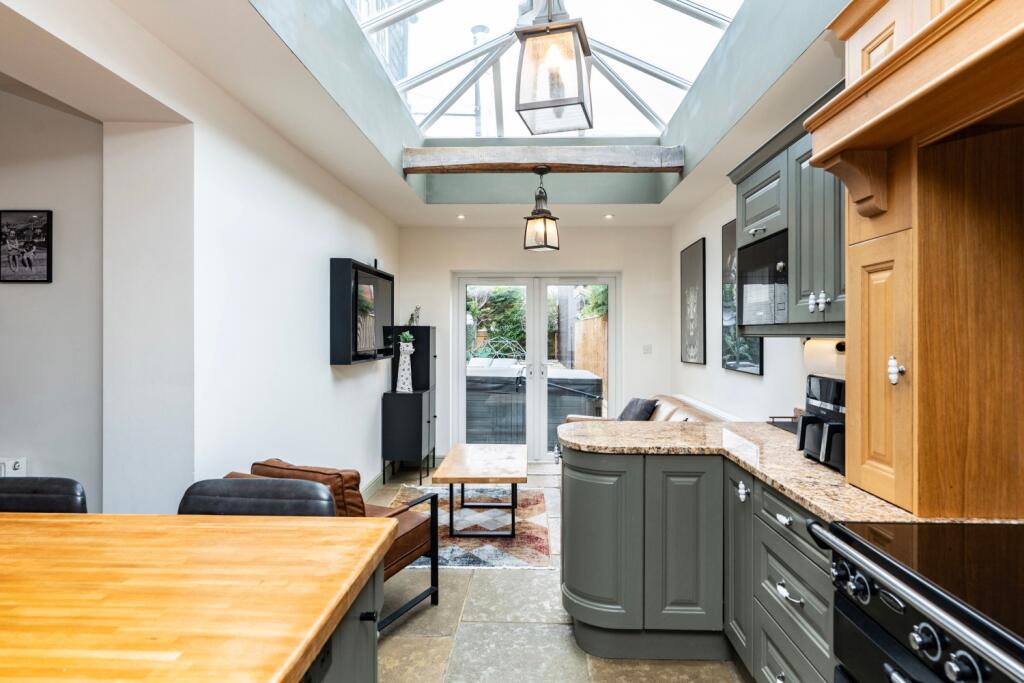 Sunlit kitchen and seating area